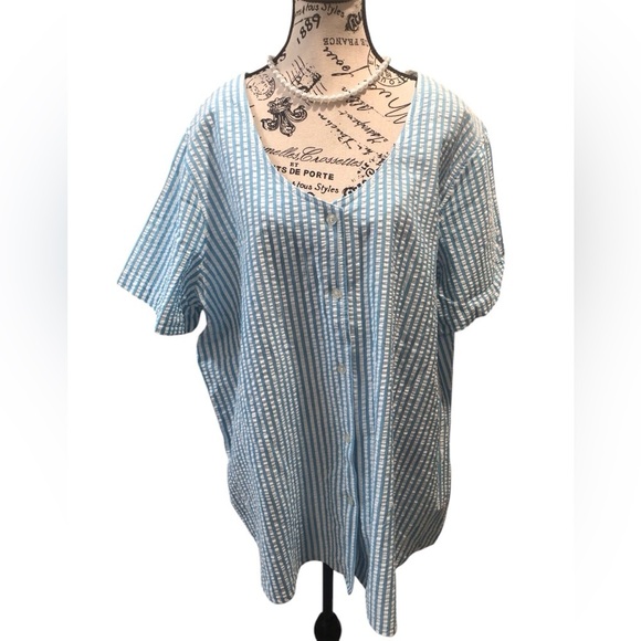 Woman Within 1X Blue and White Vertical Striped Button-Up Seersucker Blouse S/S - Picture 1 of 5